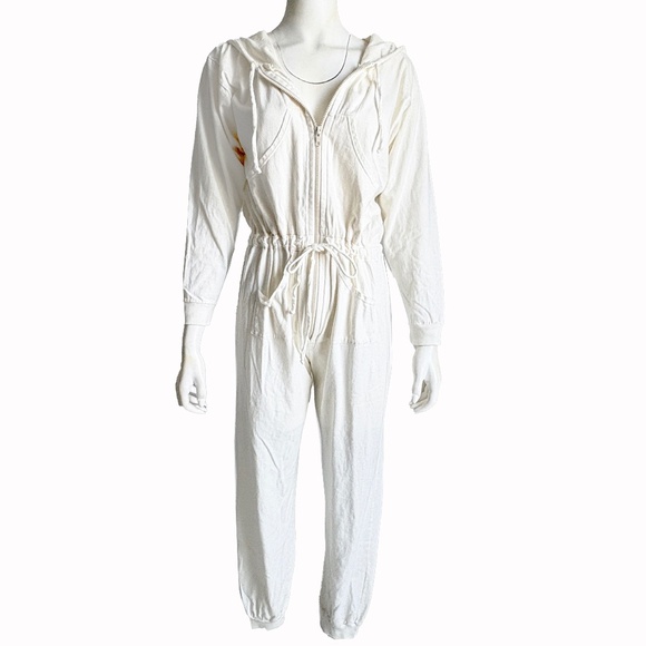 Norma Kamali OMO Jumpsuit White Cotton Hoodie Drawstring Waist Vintage 90s Sz M - Picture 1 of 8